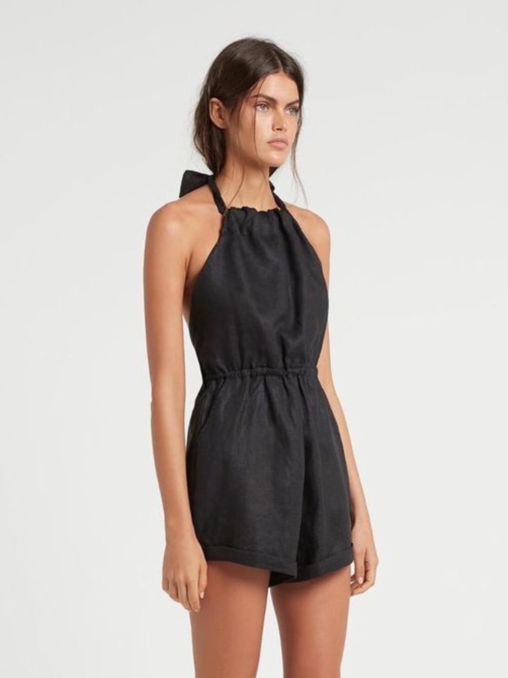 SIR THE LABEL Kai Mini Jumpsuit Black Linen Halter Romper